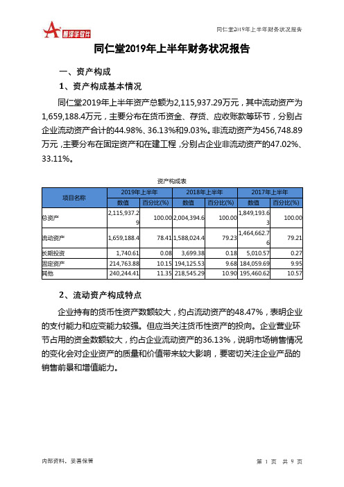 同仁堂2019年上半年财务状况报告