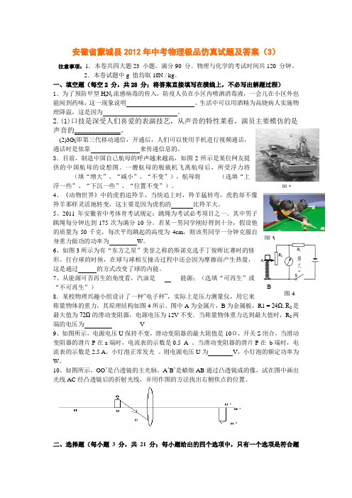 安徽省蒙城县2012年中考物理极品仿真试题及答案(3)