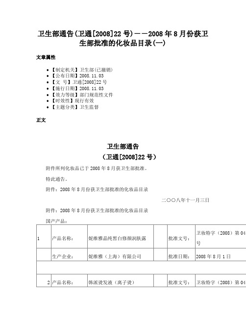 卫生部通告(卫通[2008]22号)－－2008年8月份获卫生部批准的化妆品目录(一)