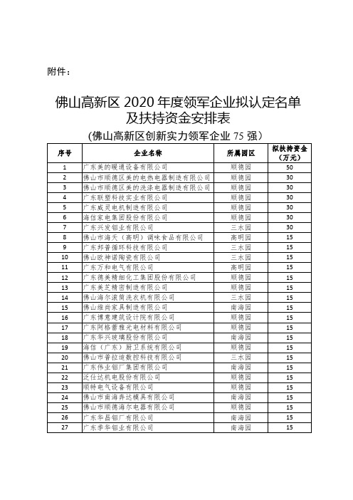 佛山高新区2020年度领军企业拟认定名单及扶持资金安排表【模板】