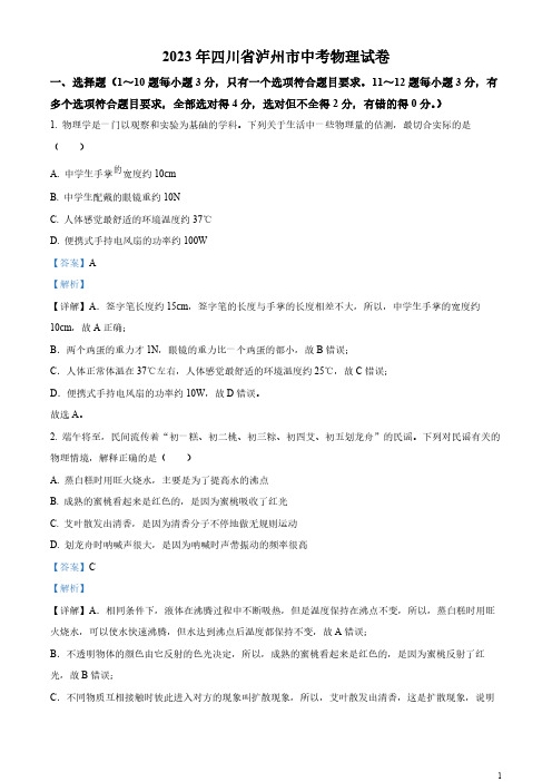 精品解析：2023年四川省泸州市中考物理试题(解析版)