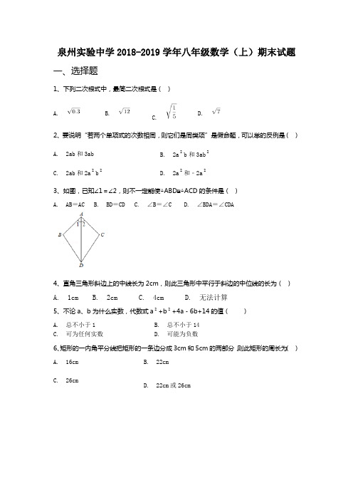 (完整)泉州实验中学2018-2019学年八年级数学(上)期末试题