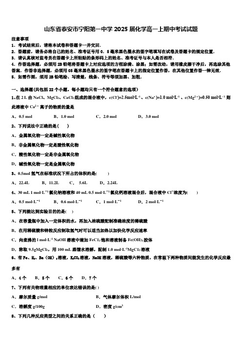 山东省泰安市宁阳第一中学2025届化学高一上期中考试试题含解析