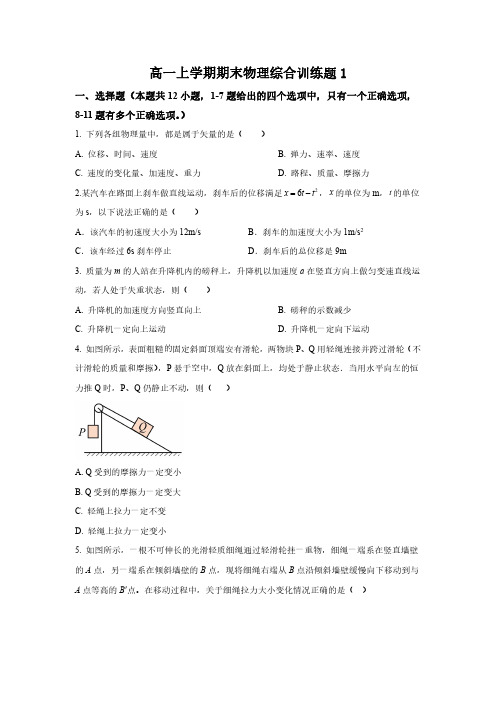 高一物理-高一上学期期末物理综合训练题1