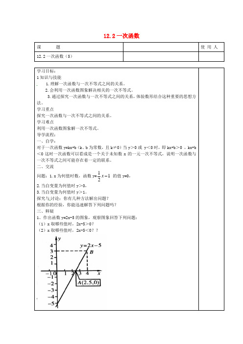 安徽省濉溪县城关中心学校八年级数学上册 12.2 一次函数导学案5(无答案)(新版)沪科版