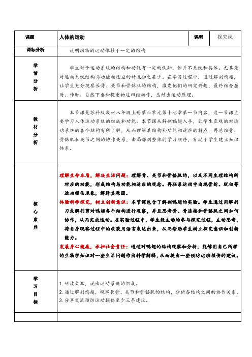 苏科版生物八年级上册 6.17.1 人体的运动 教案 
