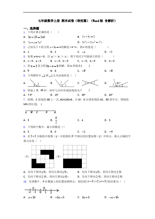 七年级数学上册 期末试卷(培优篇)(Word版 含解析)