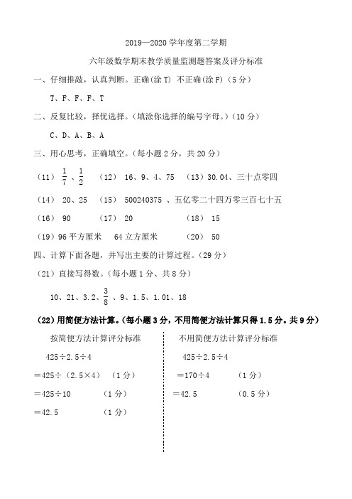 2019—2020学年度第二学期六年级数学期末测试卷参考答案