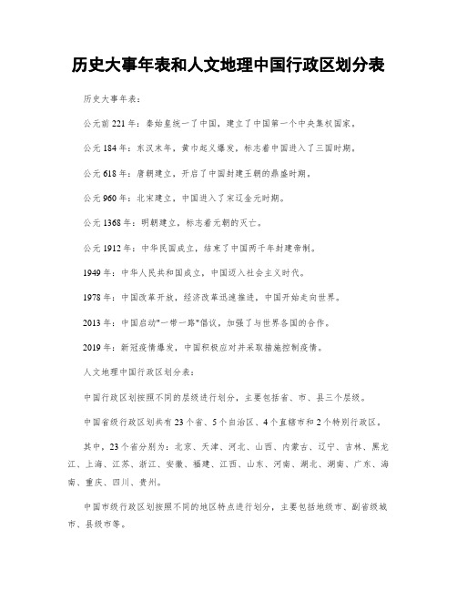 历史大事年表和人文地理中国行政区划分表