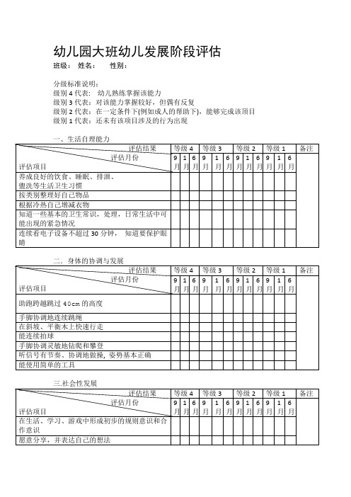 幼儿观察评估表格：幼儿园大班幼儿发展阶段评估