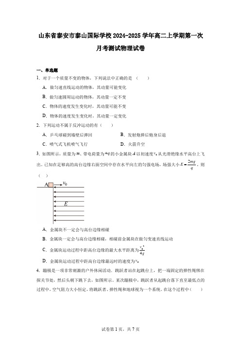 山东省泰安市泰山国际学校2024-2025学年高二上学期第一次月考测试物理试卷