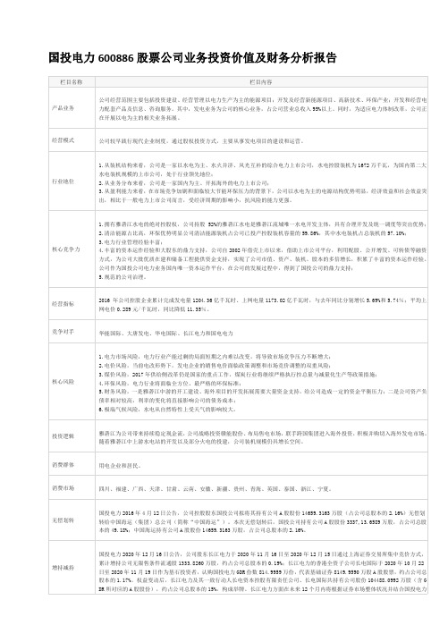 国投电力600886股票公司业务投资价值及财务分析报告