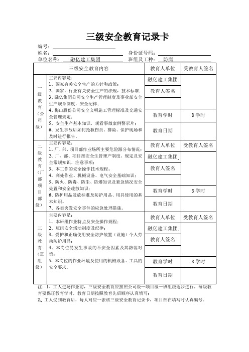 三级安全教育卡片