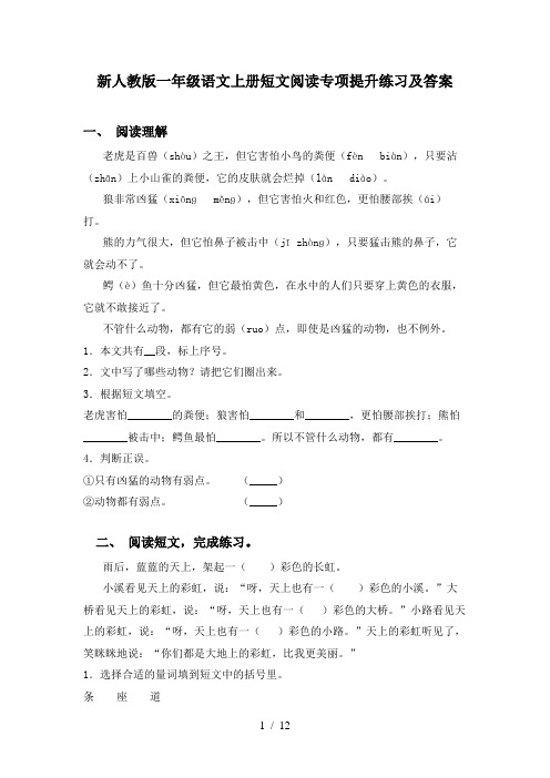 新人教版一年级语文上册短文阅读专项提升练习及答案