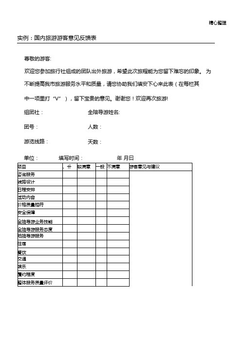 国内旅游游客意见反馈表格模板