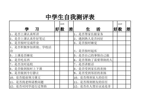 中学生自我测评表