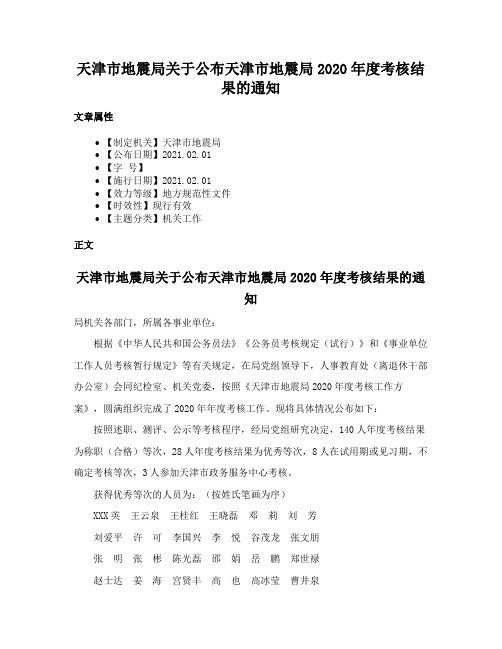 天津市地震局关于公布天津市地震局2020年度考核结果的通知