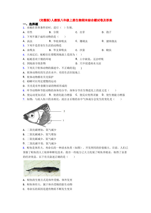 (完整版)人教版八年级上册生物期末综合题试卷及答案