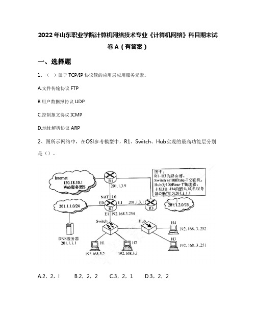 2022年山东职业学院计算机网络技术专业《计算机网络》科目期末试卷A(有答案)