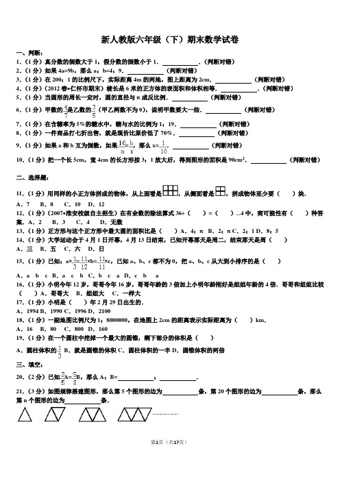 2014-2015学年新人教版六年级(下)期末数学试卷(59)