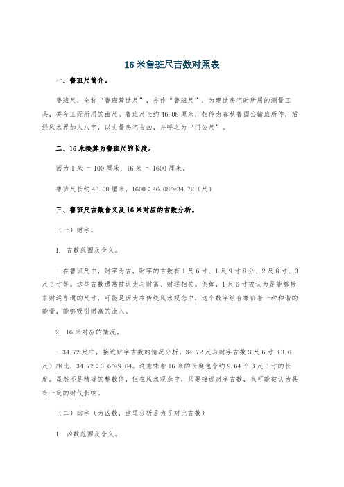 16米鲁班尺吉数对照表