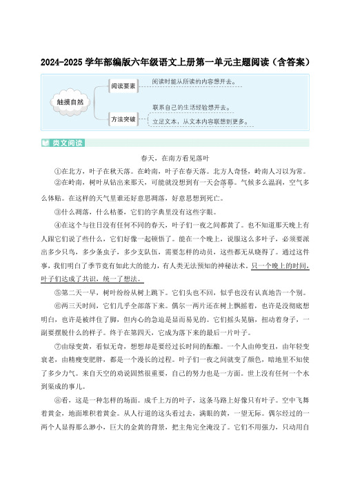 2024-2025学年部编版六年级语文上册第一单元主题阅读(含答案)