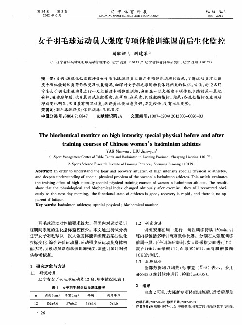 女子羽毛球运动员大强度专项体能训练课前后生化监控
