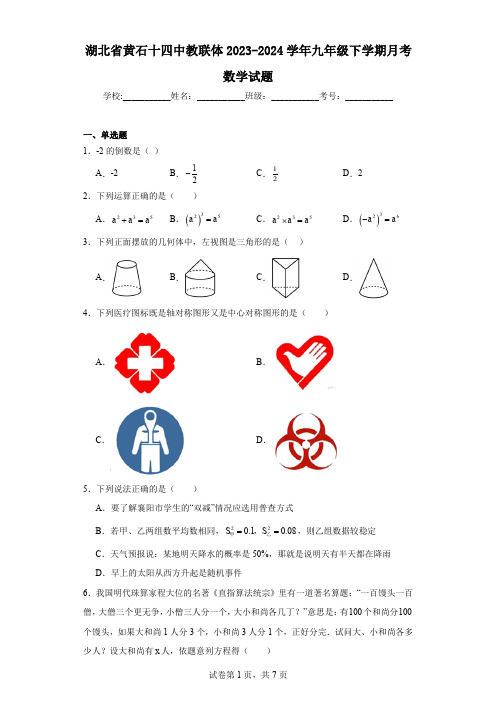 湖北省黄石十四中教联体2023-2024学年九年级下学期月考数学试题