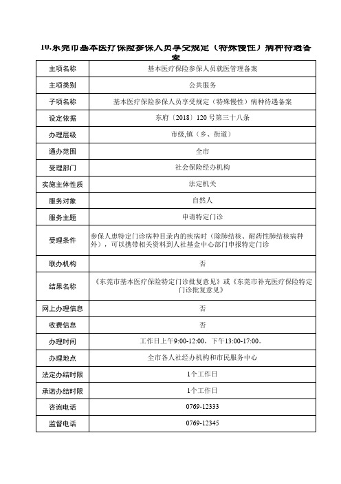 10.东莞市基本医疗保险参保人员享受规定(特殊慢性)病种待遇备案