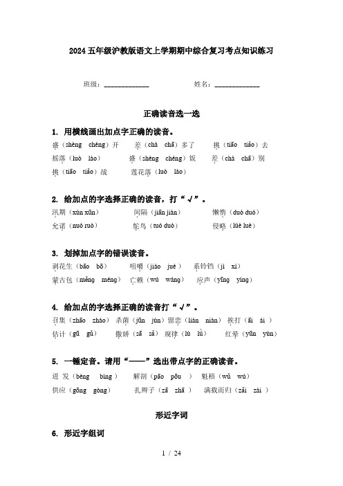 2024五年级沪教版语文上学期期中综合复习考点知识练习