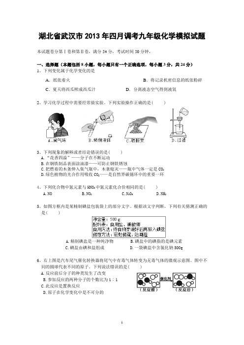 2012-2013学年湖北省武汉市2013年四月调考九年级化学模拟试题(含答案)