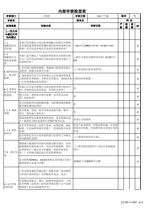 内部审核检查表-ISO19001-2015(工程部)