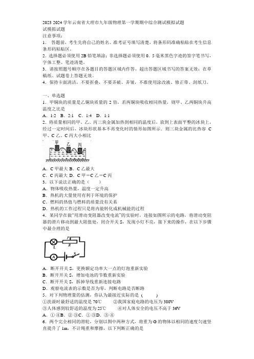 2023-2024学年云南省大理市九年级物理第一学期期中综合测试模拟试题含解析