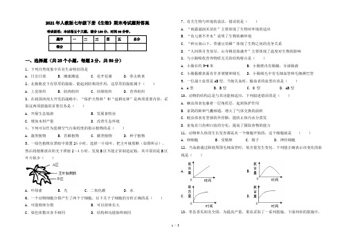 2021年人教版七年级下册《生物》期末考试题附答案