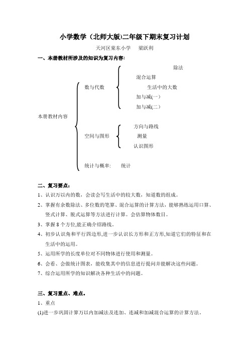 自-小学数学(北师大版)二年级下期末复习计划 