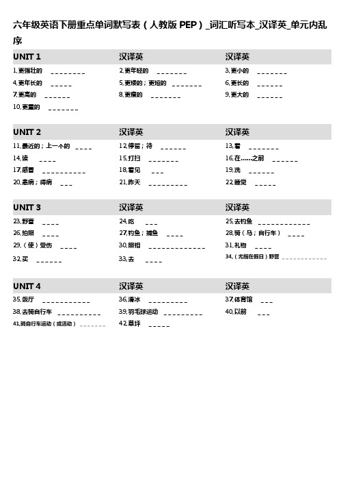 14,六年级英语下册重点单词默写表(人教版PEP)_词汇听写本_汉译英_单元内乱序