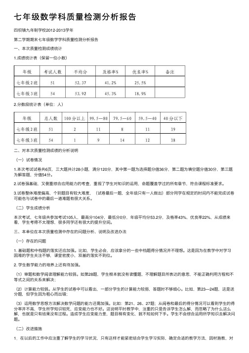 七年级数学科质量检测分析报告