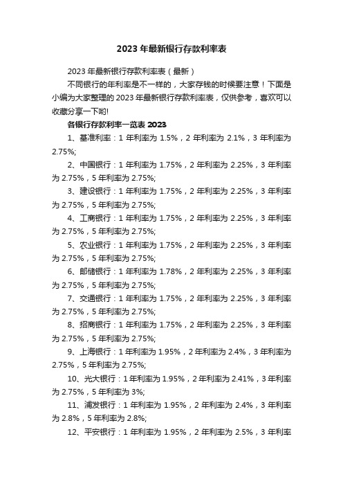 2023年最新银行存款利率表