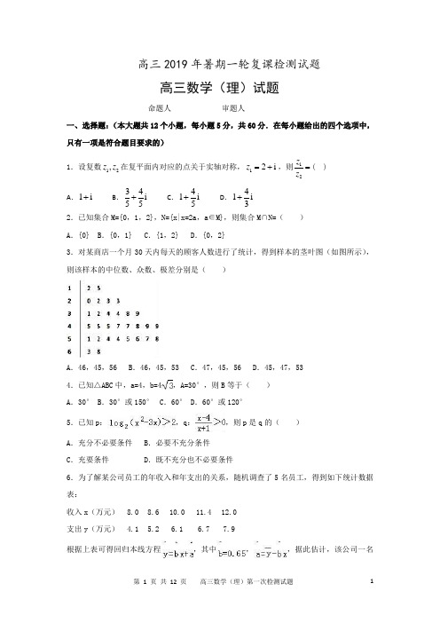 高三数学文科2019年暑期一轮复课检测试题附答案和分析