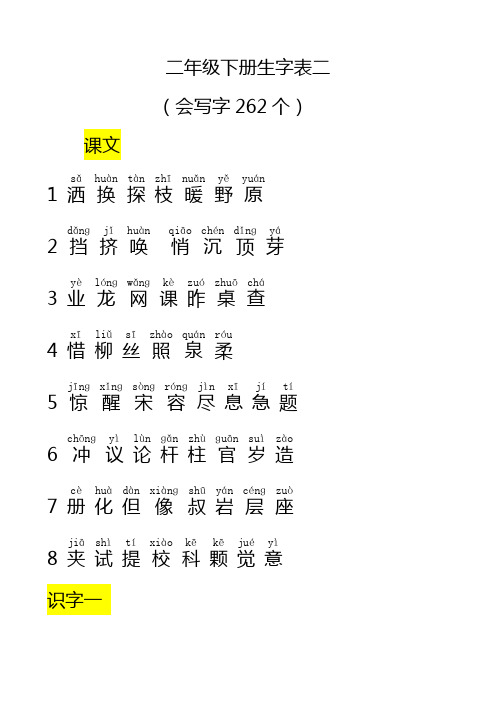 小学语文s版二年级下册生字表二带拼音 