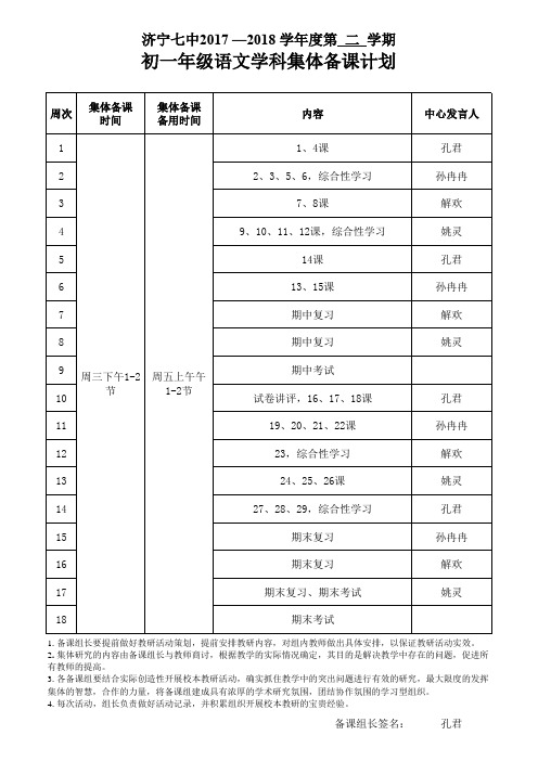 (初一语文)七中集体备课计划用表