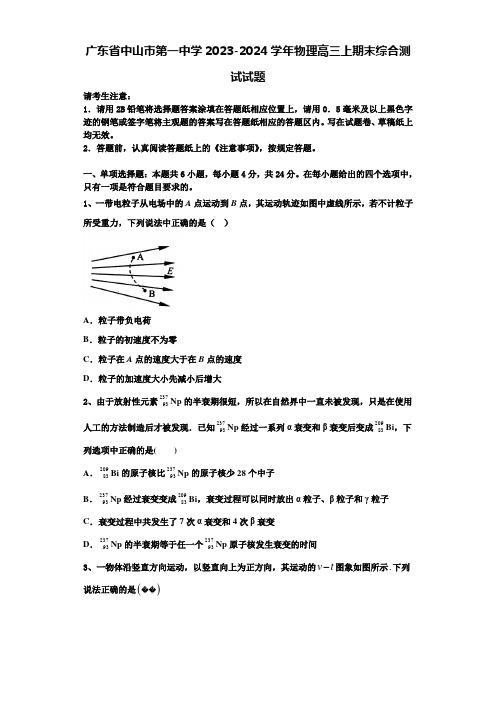 广东省中山市第一中学2023-2024学年物理高三上期末综合测试试题含解析