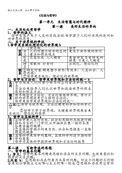 浙江省舟山舟山中学高中政治人教政治四 生活与哲学 复习提纲 