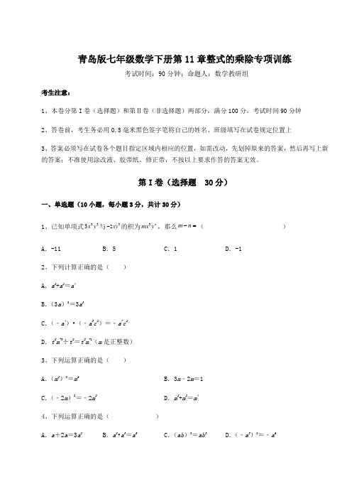 达标测试青岛版七年级数学下册第11章整式的乘除专项训练试题(含详细解析)