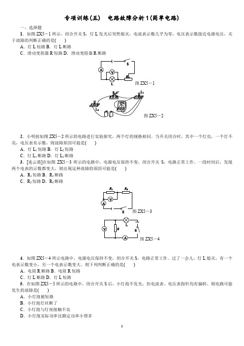 中考物理5.专项训练(五)电路故障分析1(简单电路)