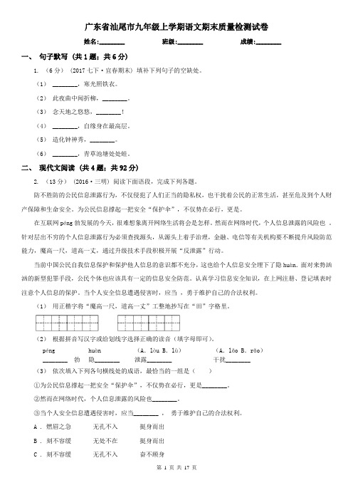 广东省汕尾市九年级上学期语文期末质量检测试卷