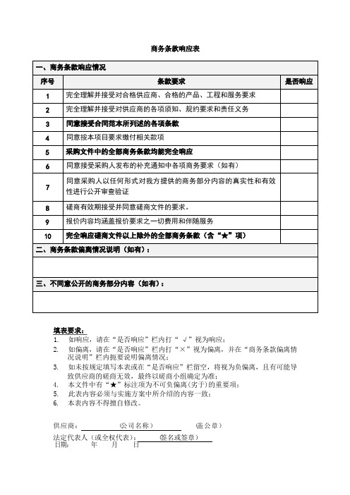 商务条款响应表