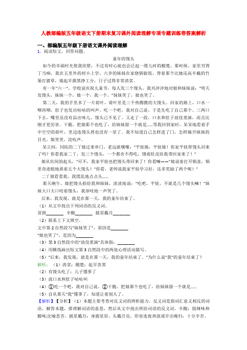 人教部编版五年级语文下册期末复习课外阅读理解专项专题训练带答案解析