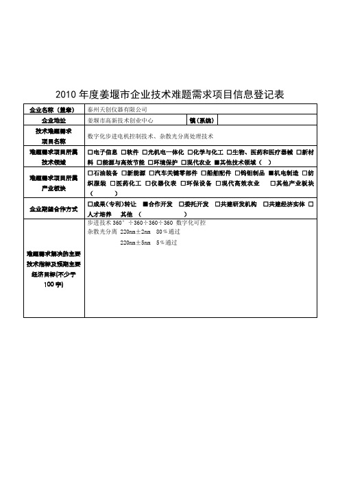 姜堰市企业技术难题需求项目信息登记表