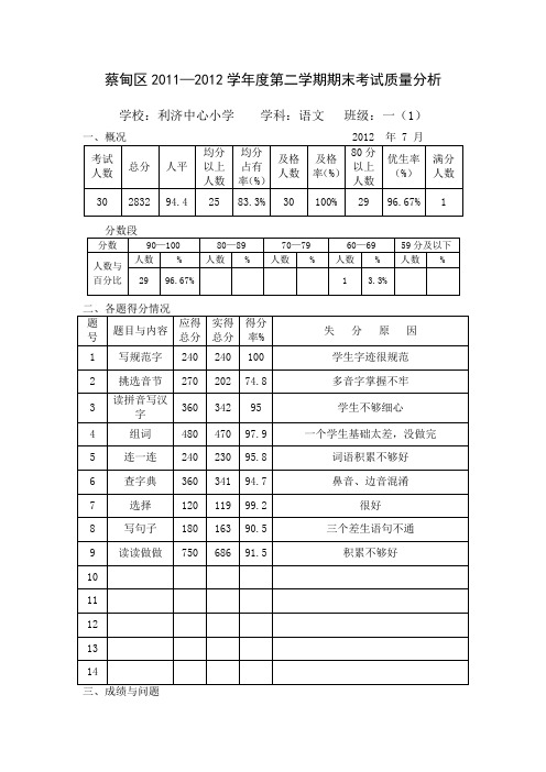 质量分析表 一年级语文